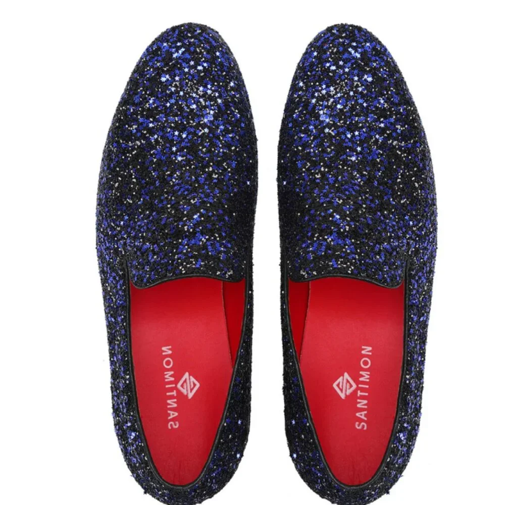 Santimon Men's US 7.5-12 Blue Sequins Glitter Smoking Loafers Casual Shoes Plea